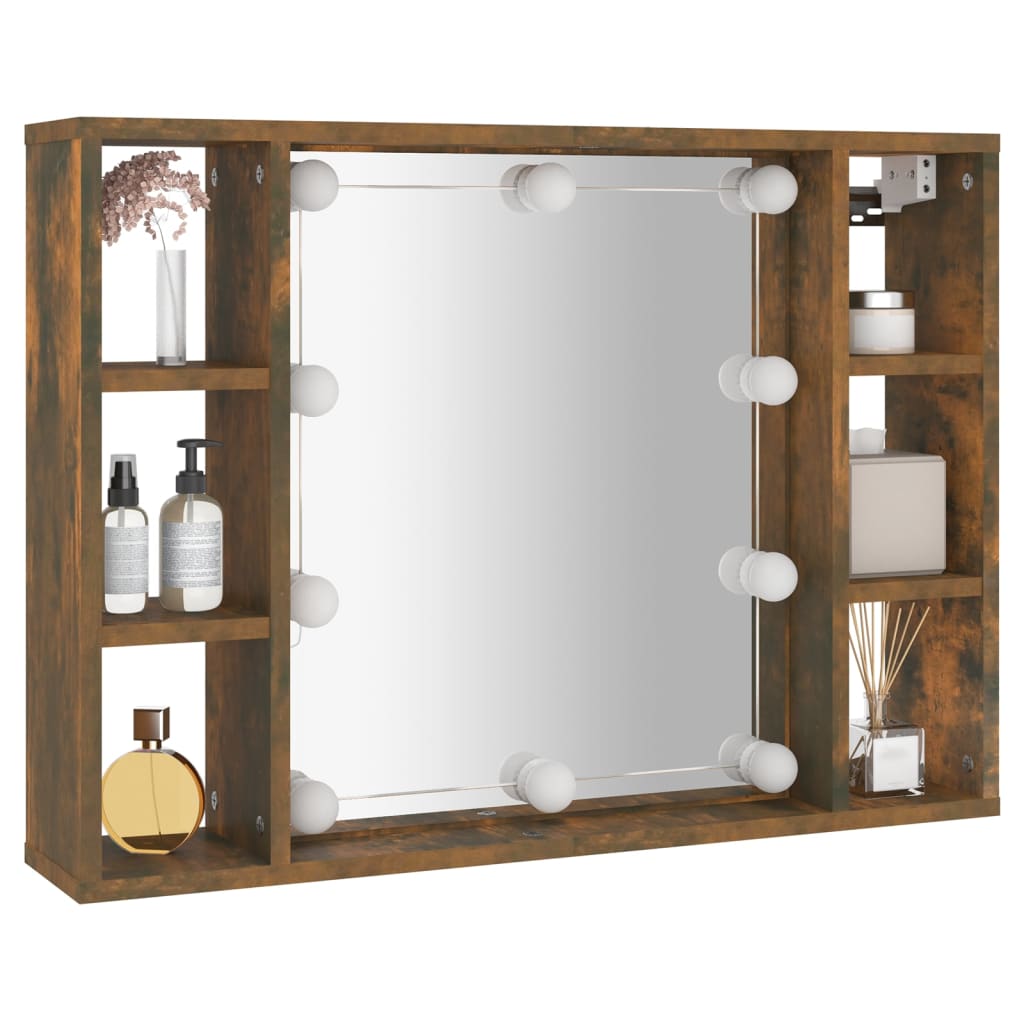 vidaXL Огледален шкаф с LED, опушен дъб, 76x15x55 см