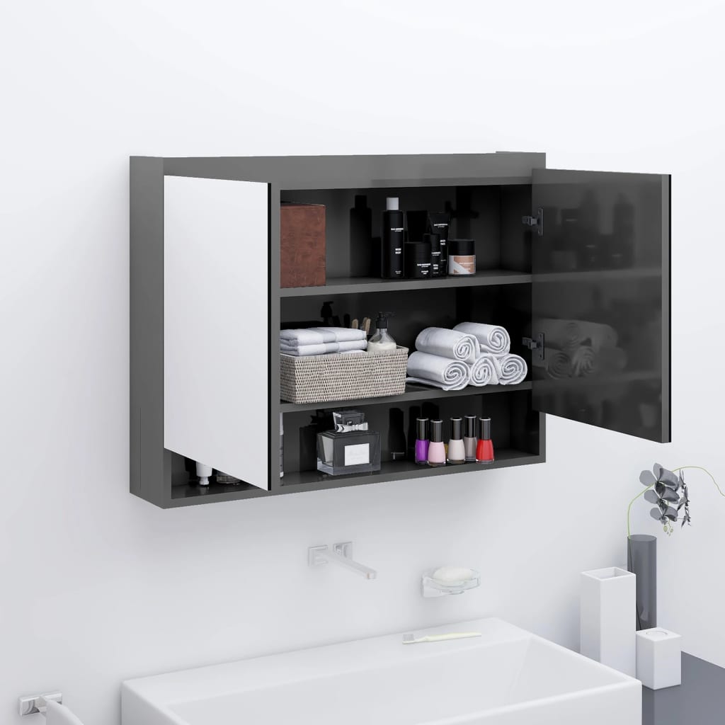 vidaXL Шкаф с огледало за баня, 80x15x60 см, МДФ, сияйно сиво