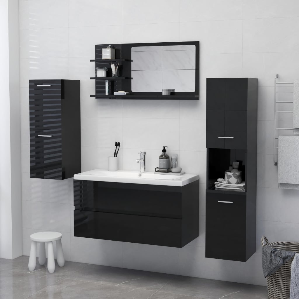 vidaXL Огледало за баня, черен гланц, 90x10,5x45 см, ПДЧ