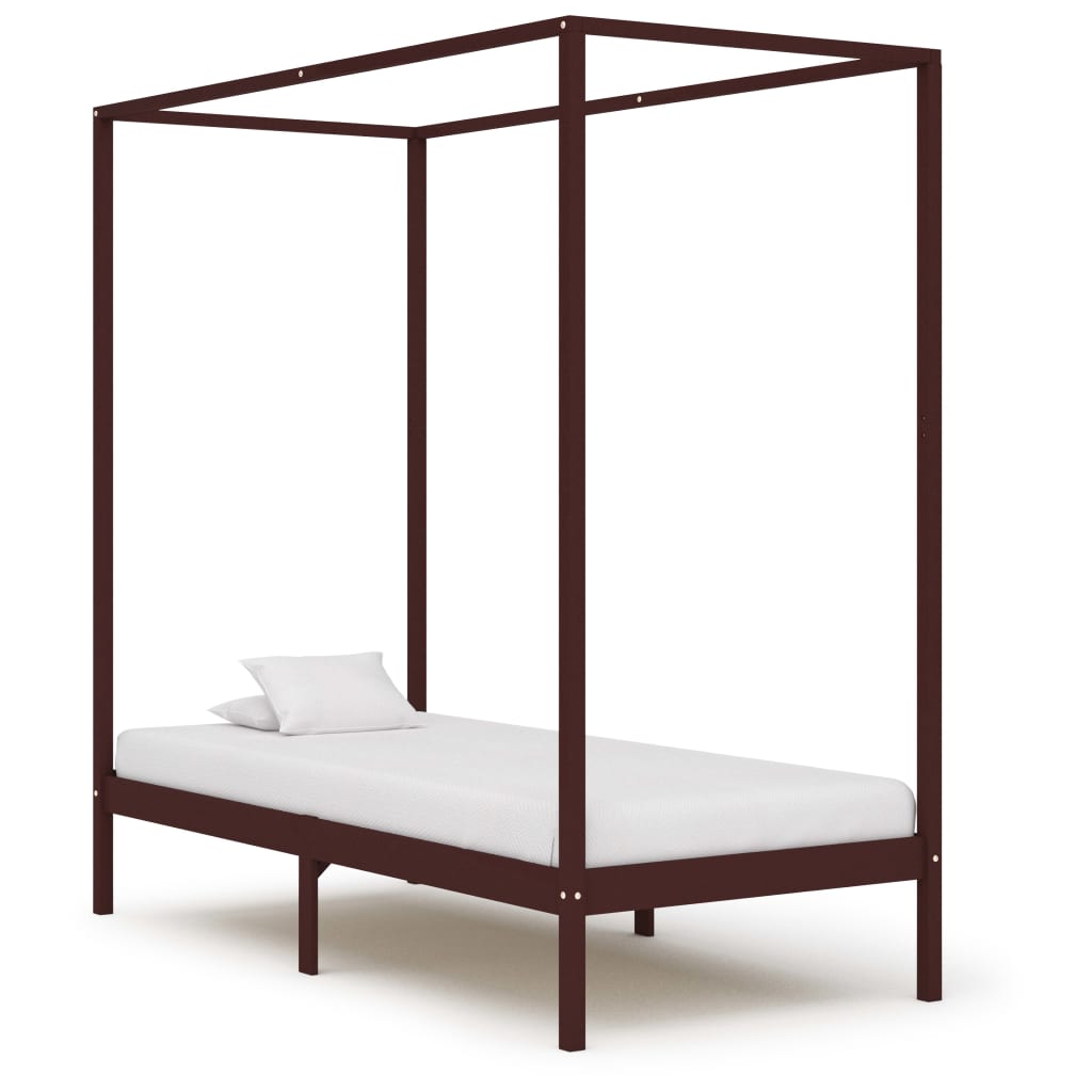 vidaXL Рамка за легло с балдахин, тъмнокафява, бор масив, 90x200 см