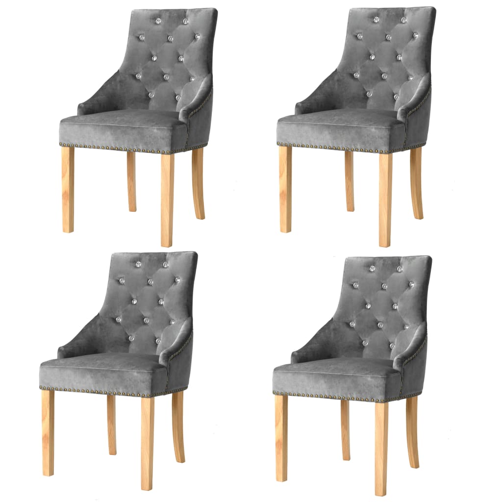 vidaXL Трапезни столове, 4 бр, сребристи, дъб масив и кадифе