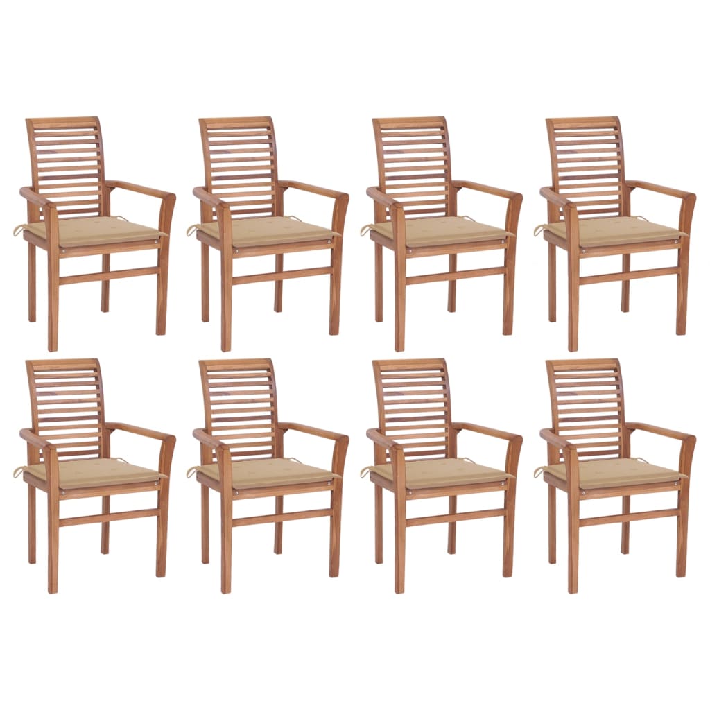 vidaXL Трапезни столове, 8 бр, с бежови възглавници, тик масив