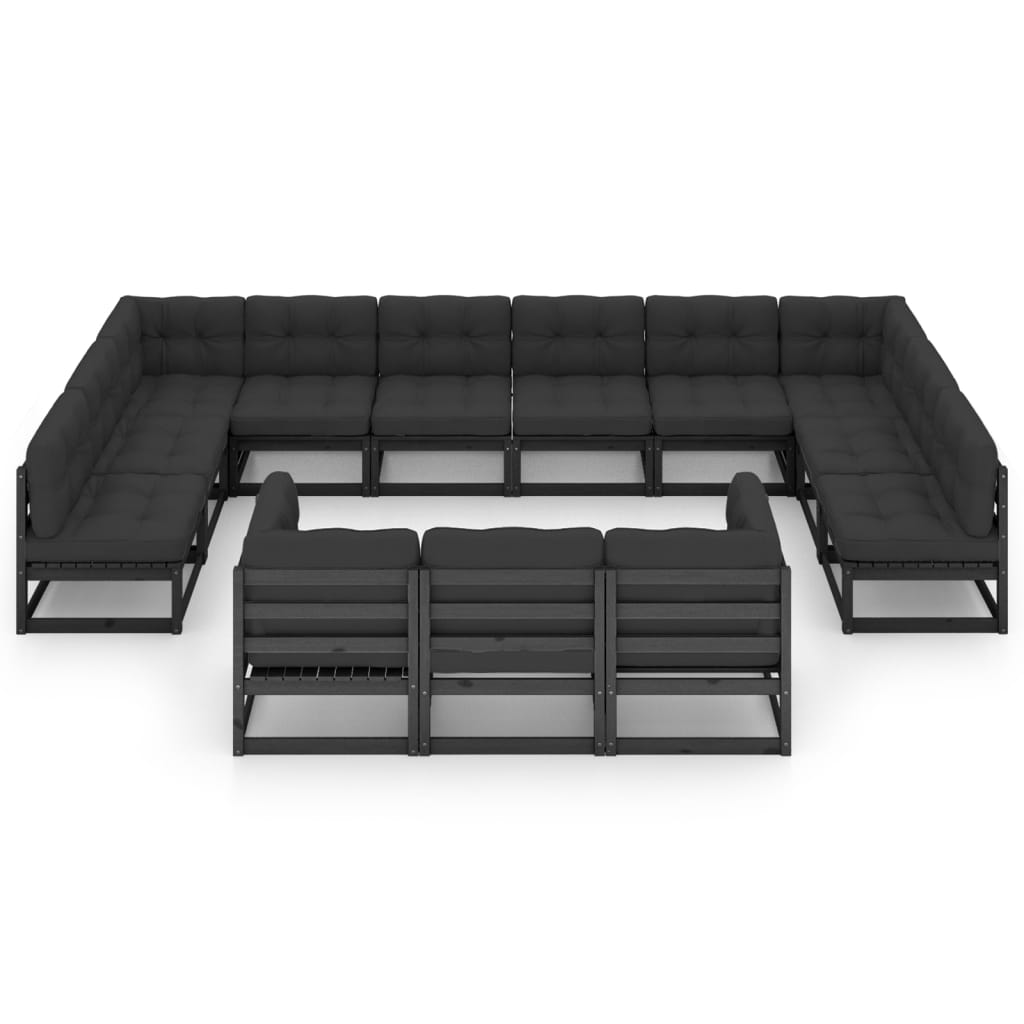 vidaXL Градински комплект от 13 части, с възглавници, черен, бор масив