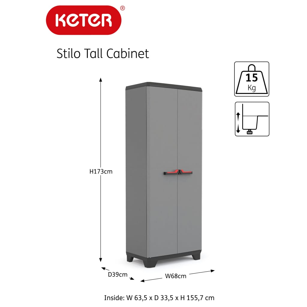 Keter Шкаф за съхранение с рафтове Stilo, сиво и черно, 173 см