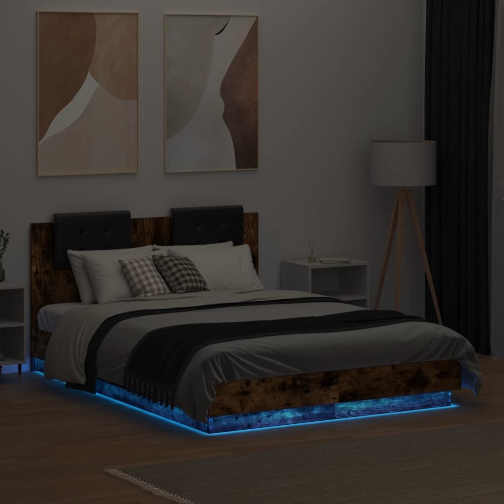 vidaXL Рамка за легло с табла и LED осветление, опушен дъб, 135x190 см