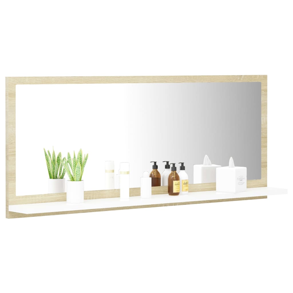 vidaXL Огледало за баня, бяло и дъб сонома, 90x10,5x37 см, ПДЧ