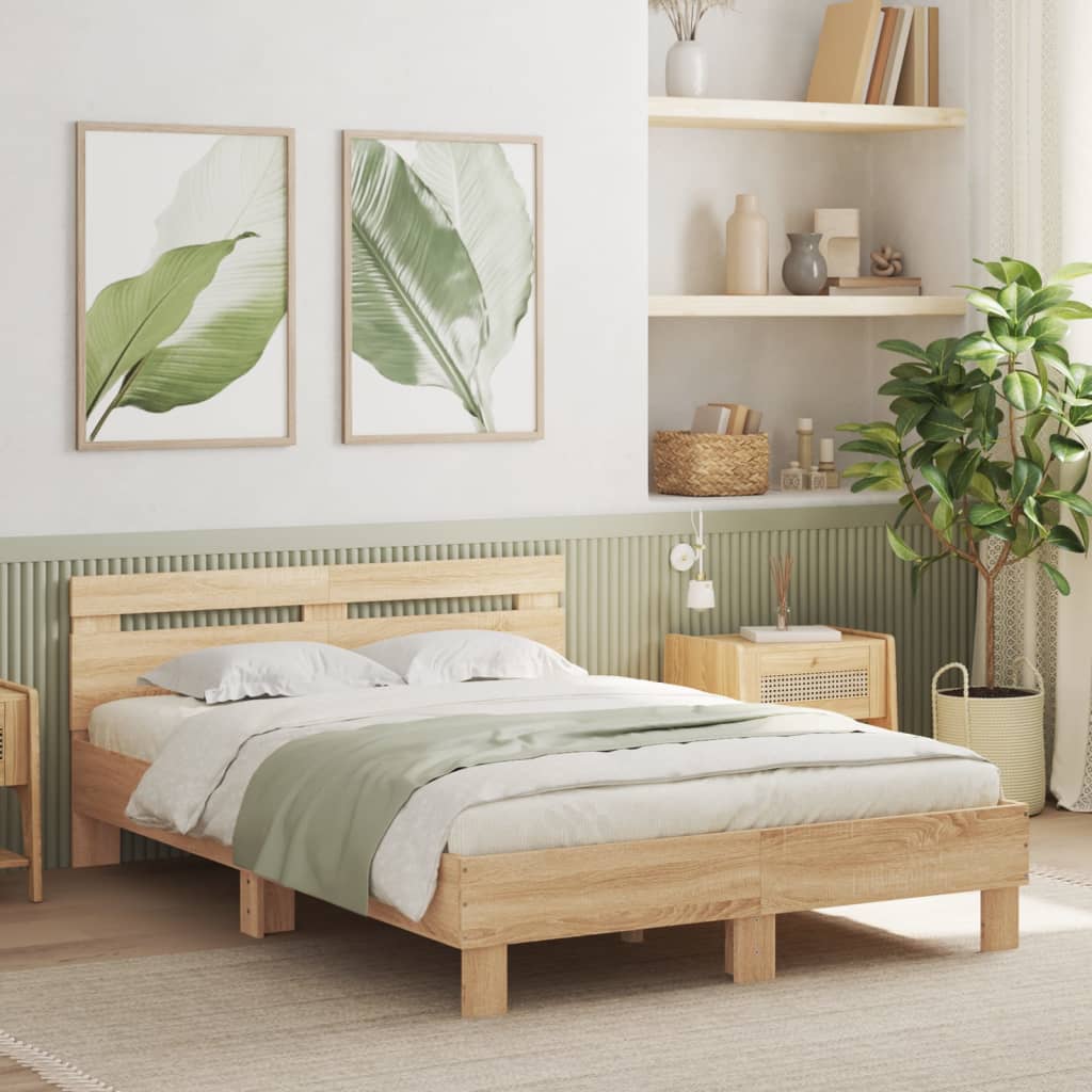 vidaXL Рамка за легло с табла, дъб сонома, 135x190 см, инженерно дърво