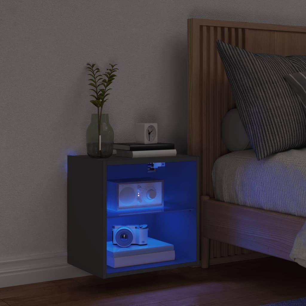 vidaXL Нощно шкафче с LED осветление, черен, за стенен монтаж