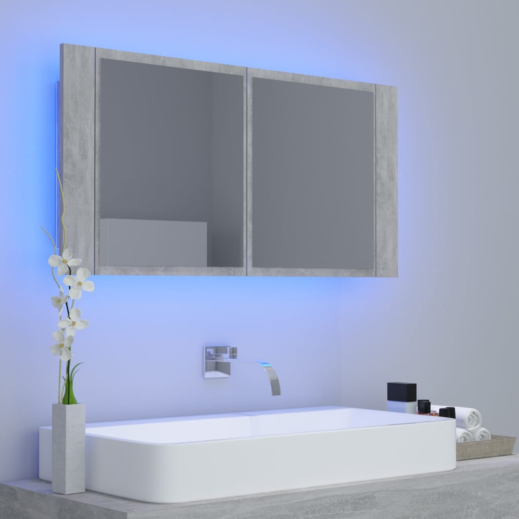 vidaXL LED шкаф с огледало за баня, бетонно сив, 90x12x45 см, акрил