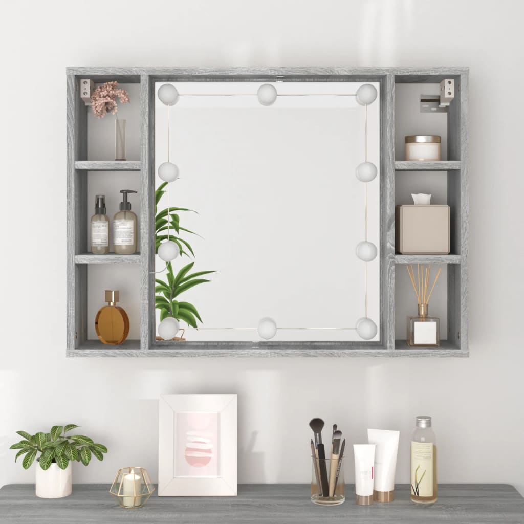 vidaXL Огледален шкаф с LED,Сив сонома, 76x15x55 см