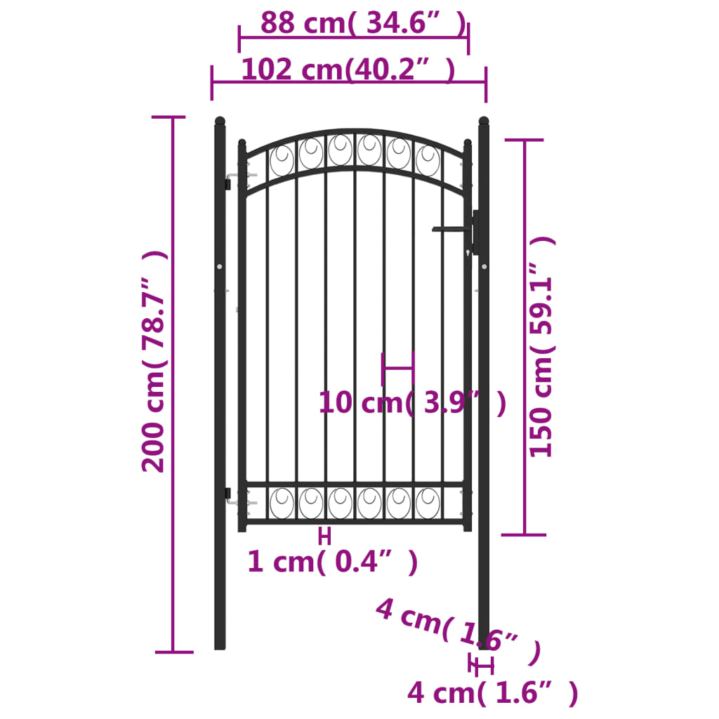vidaXL Оградна врата с арковидна горна част стомана 100x150 см черна