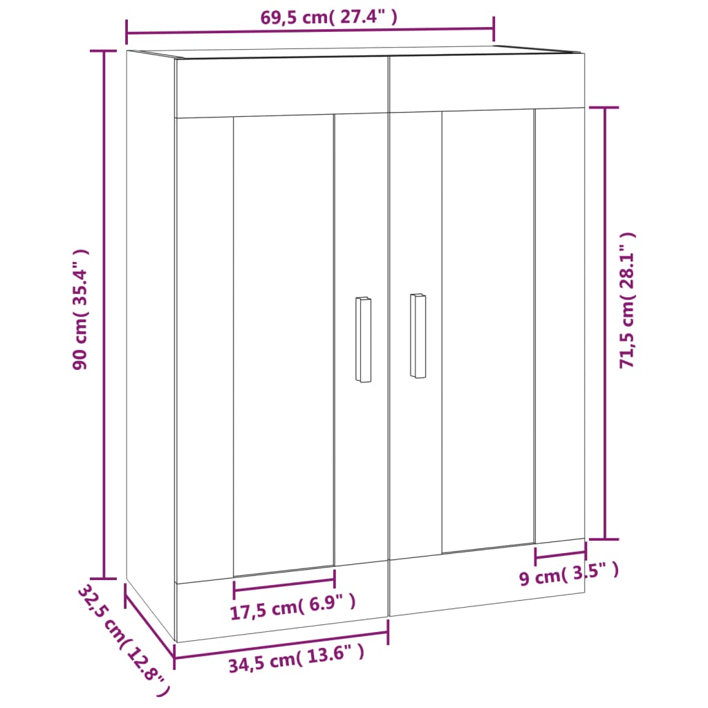 vidaXL Стенен шкаф, бял, 69,5x32,5x90 см, инженерно дърво