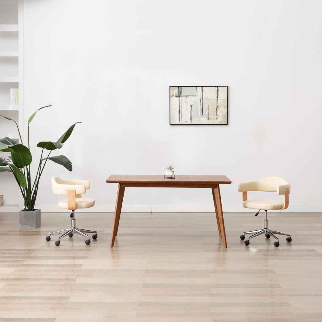 vidaXL Въртящ офис стол, кремав, извито дърво и изкуствена кожа