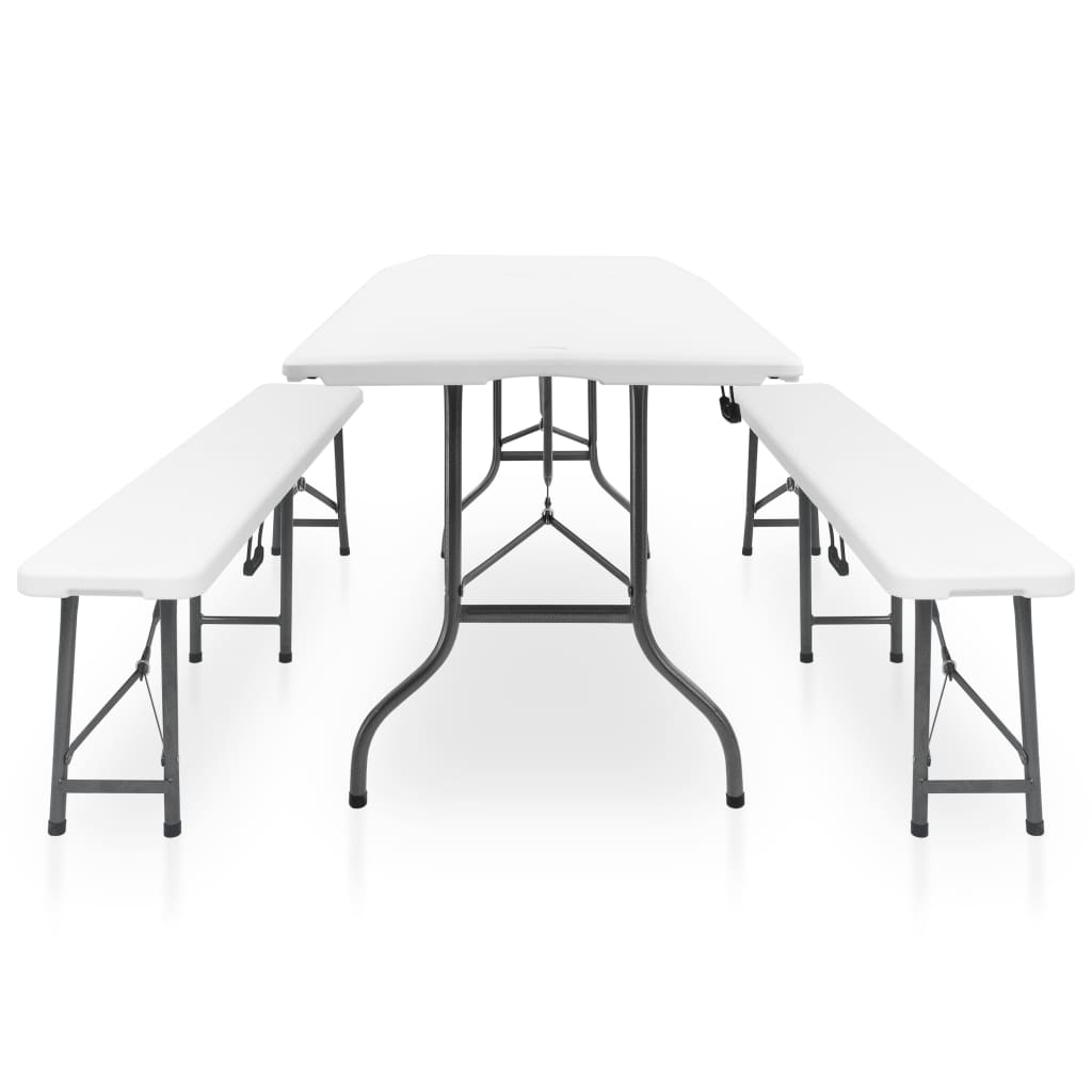 vidaXL Сгъваема градинска маса с 2 пейки, 180 см, стомана и HDPE, бяла