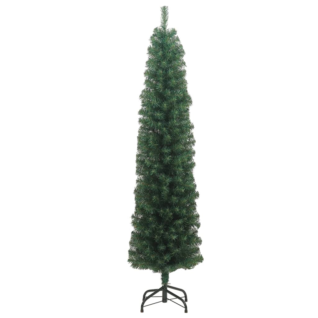vidaXL Тънка изкуствена коледна елха със стойка, зелена, 180 см, PVC
