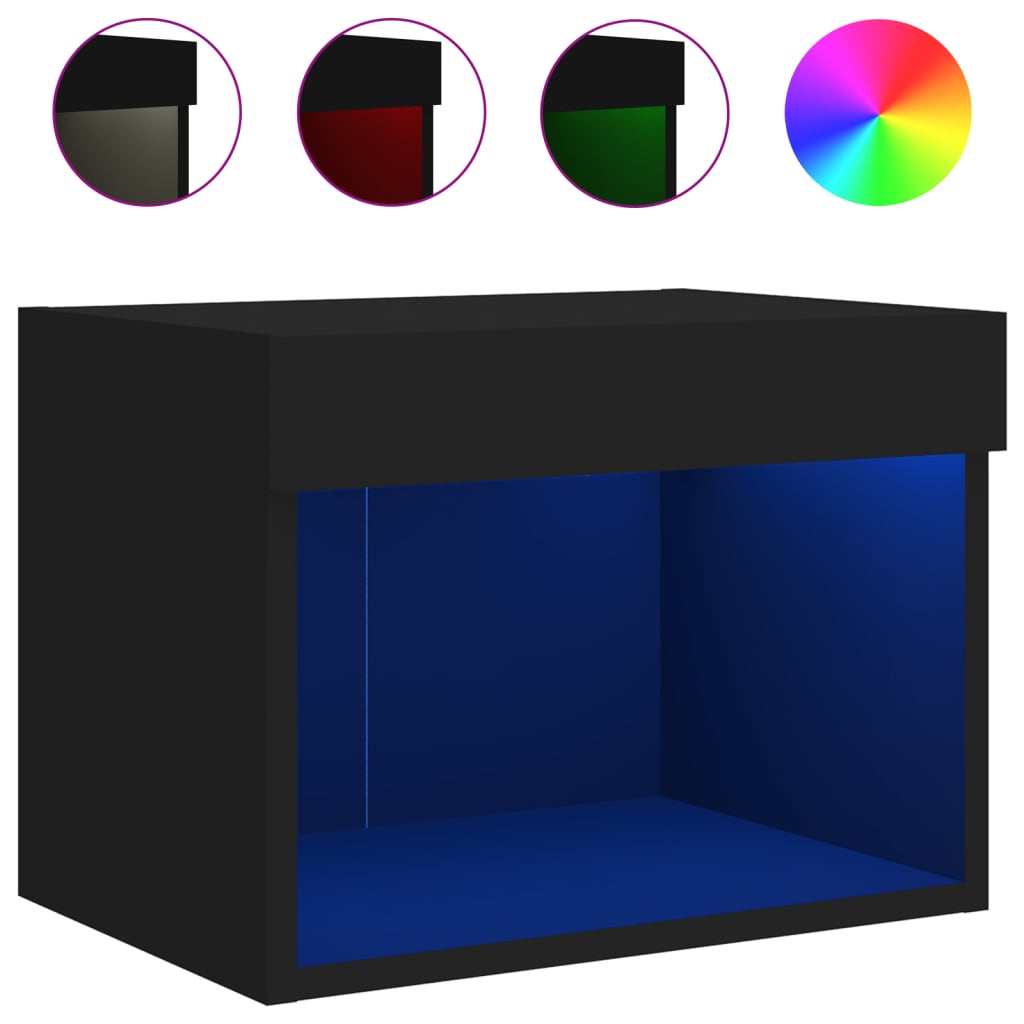 vidaXL Нощно шкафче с LED осветление, черен, за стенен монтаж
