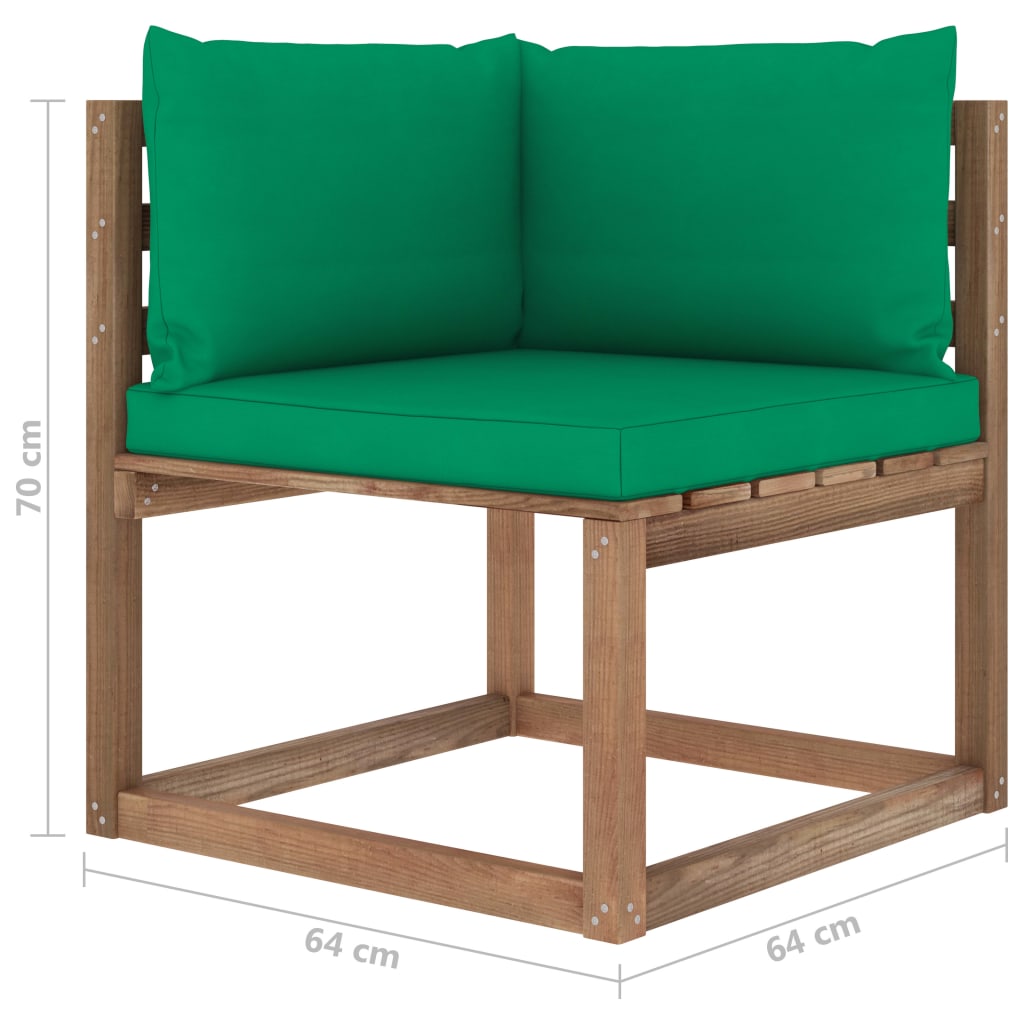 vidaXL Градински палетен ъглов диван със зелени възглавници