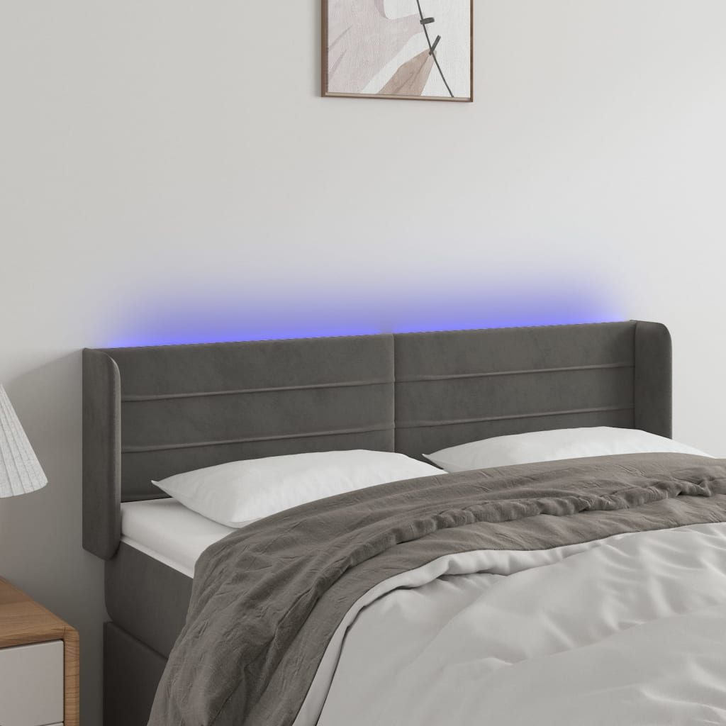 vidaXL LED горна табла за легло, тъмносива, 147x16x78/88 см, кадифе