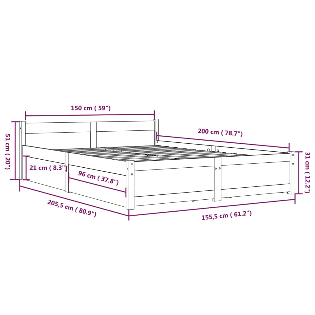 vidaXL Рамка за легло с чекмеджета, черна, 150x200 см, King Size