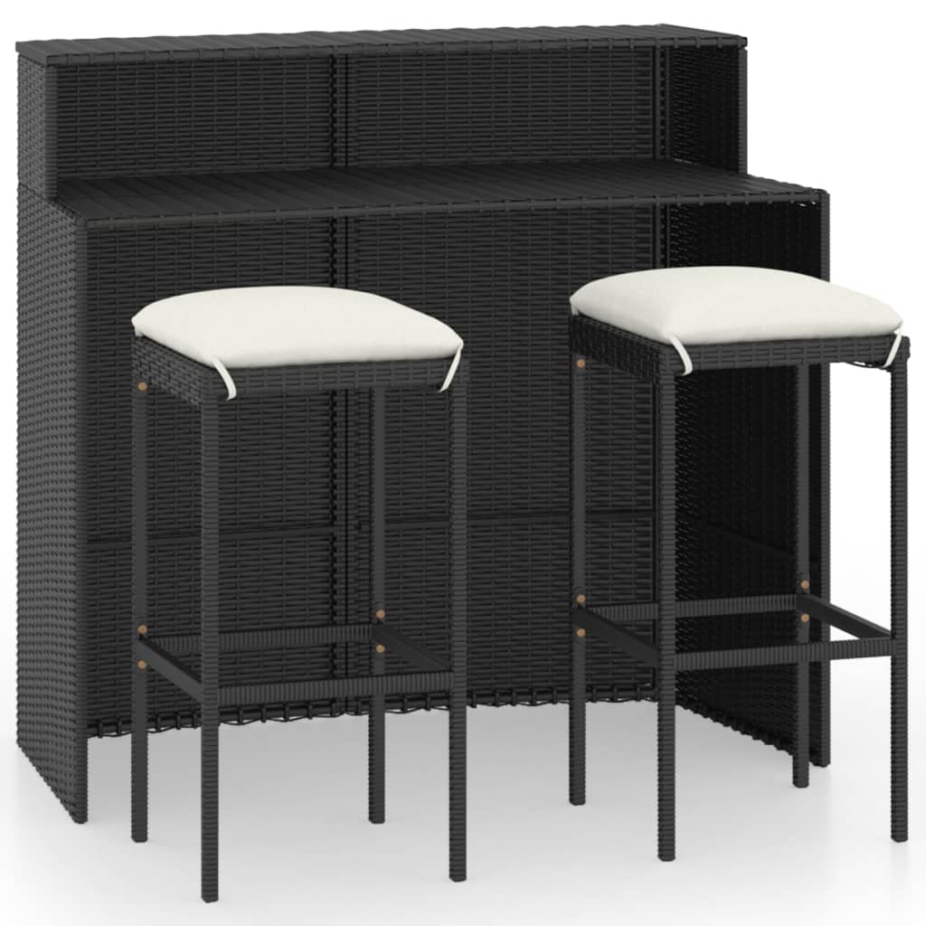 vidaXL Градински бар комплект с възглавници, 3 части, черен