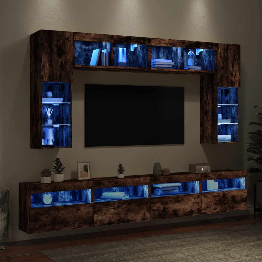 vidaXL Комплект ТВ стенни шкафове, 8 части, с LED светлини, опушен дъб