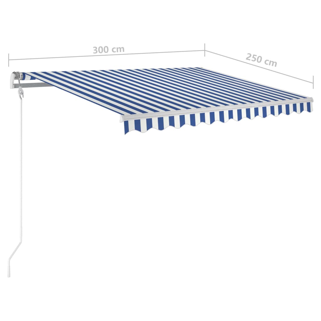 vidaXL Ръчно прибираща се тента с LED, 3x2,5 м, синьо и бяло