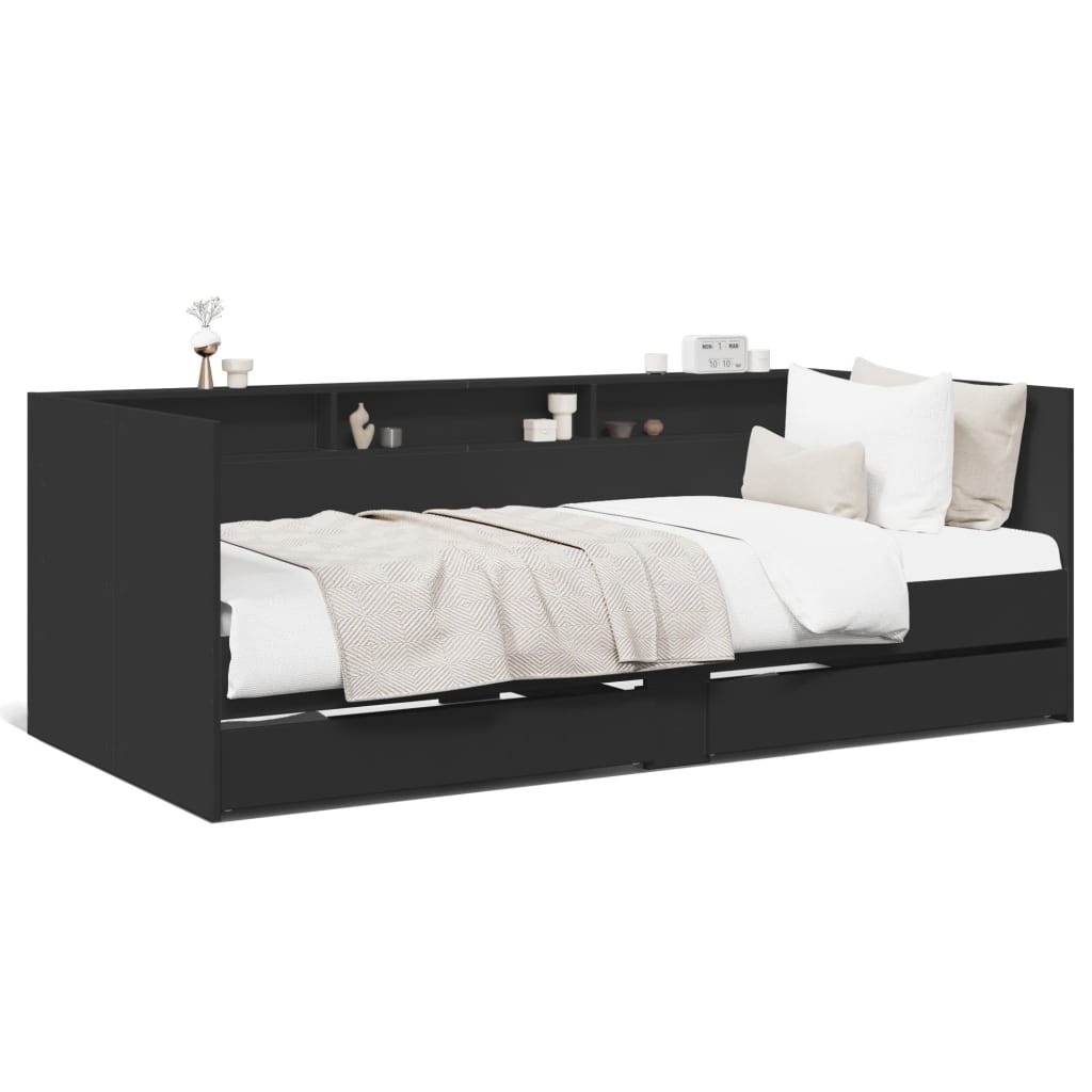 vidaXL Дневно легло с чекмеджета, черно, 75x190 см, инженерно дърво