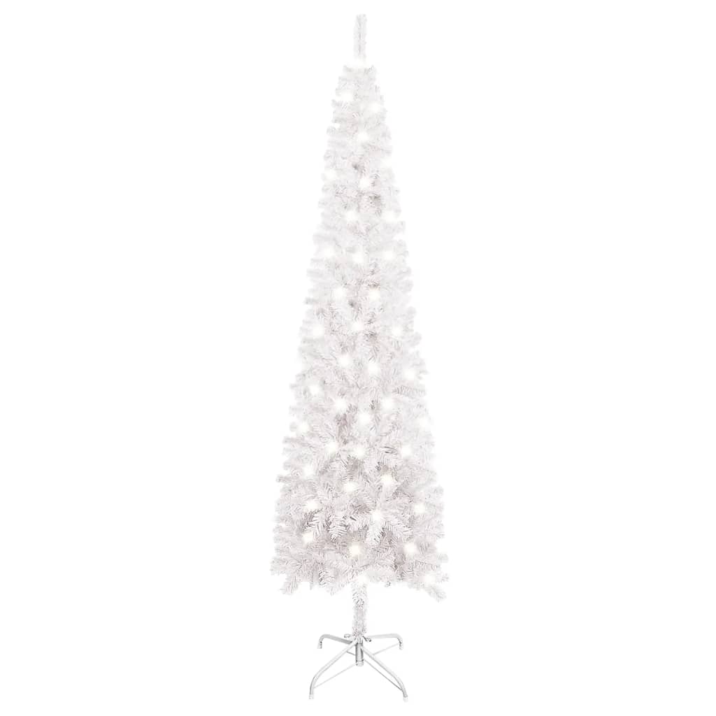 vidaXL Тънка коледна елха с LED, бяла, 150 см