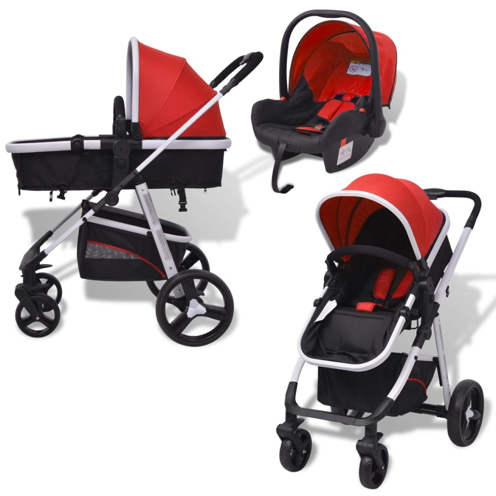 vidaXL Бебешка количка 3-в-1, алуминиева, червено и черно