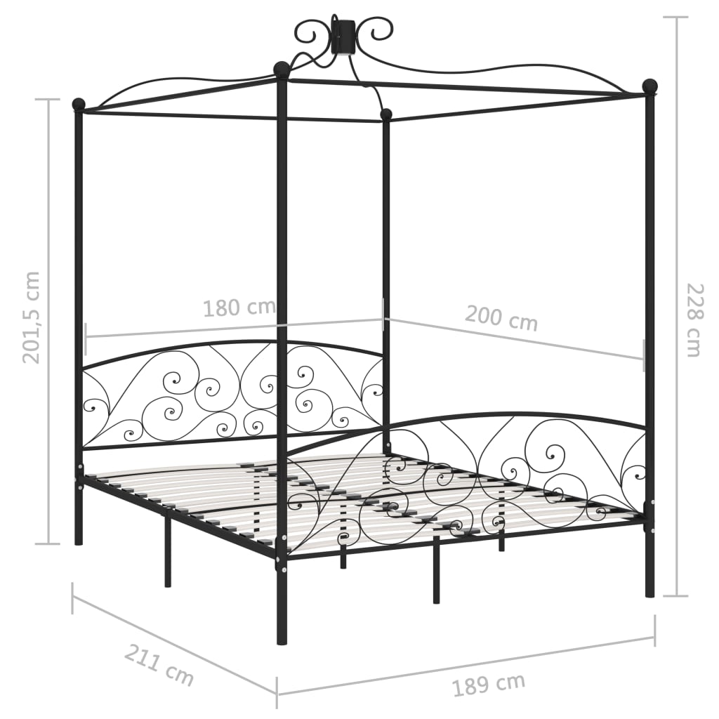 vidaXL Рамка за легло с балдахин, черна, метал, 180x200 cм