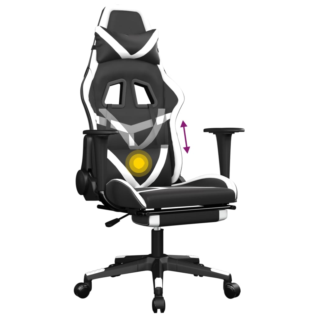 vidaXL Масажен гейминг стол с опора за крака черно-бял изкуствена кожа