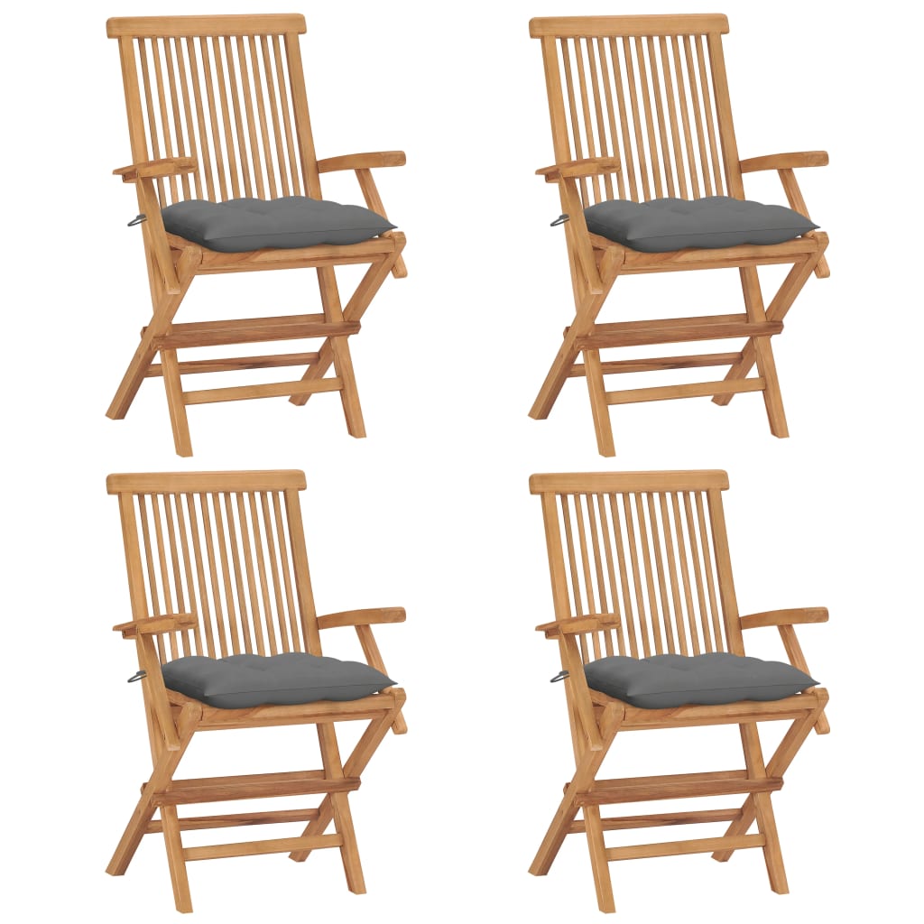 vidaXL Градински столове със сиви възглавници 4 бр тиково дърво масив