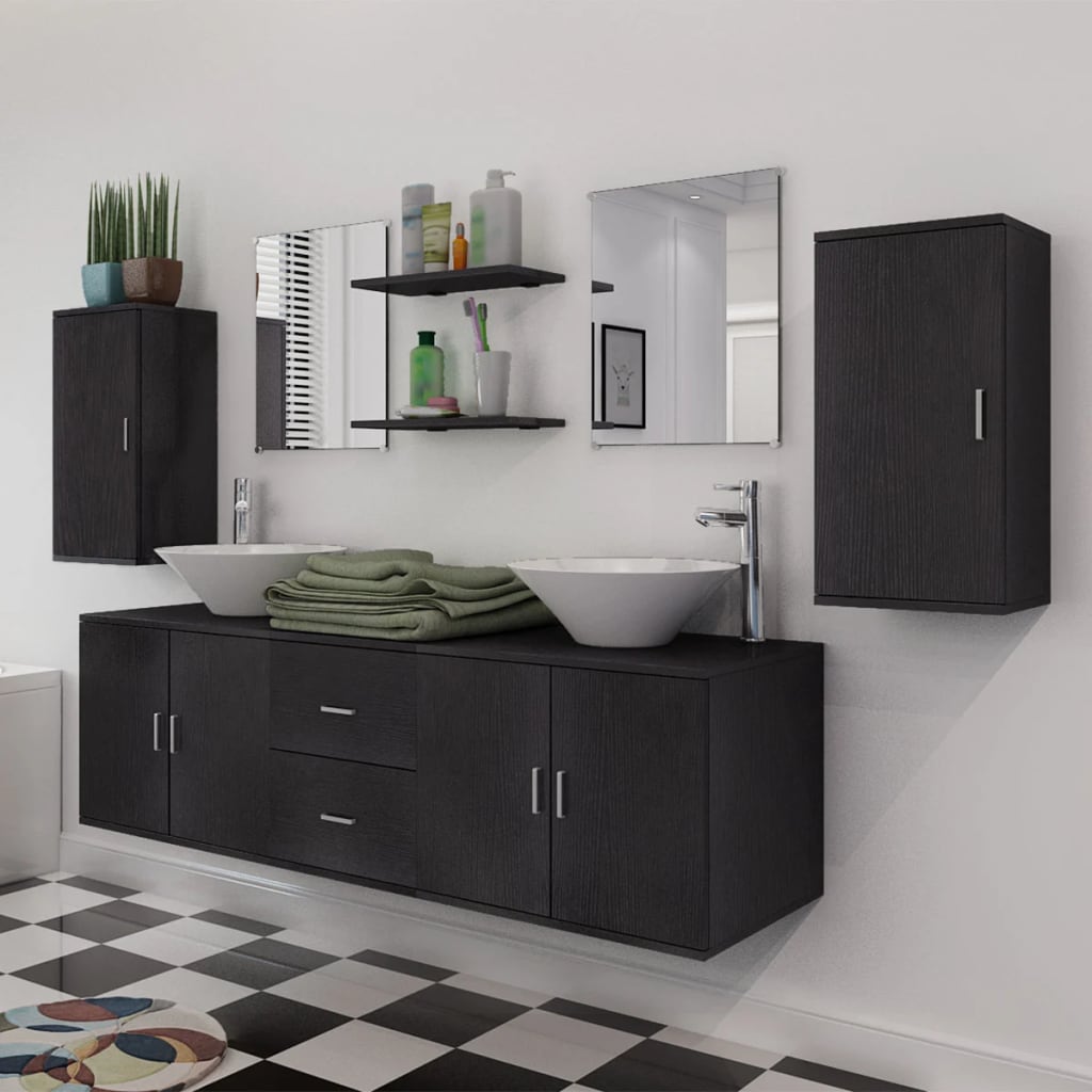 vidaXL комплект мебели от 11 части и мивка за баня, черен цвят