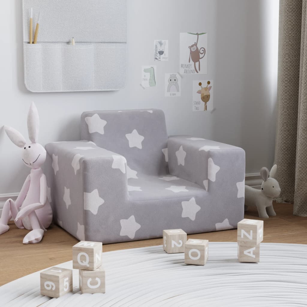 vidaXL Детски диван, светлосив, на звезди, мек плюш