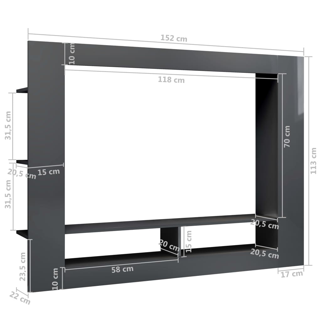 vidaXL ТВ шкаф, сив силен гланц, 152x22x113 см, ПДЧ