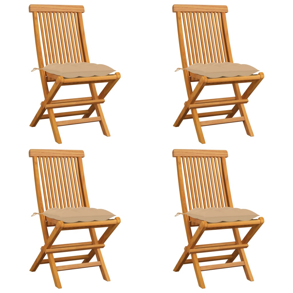vidaXL Градински столове с бежови възглавници 4 бр тик масив