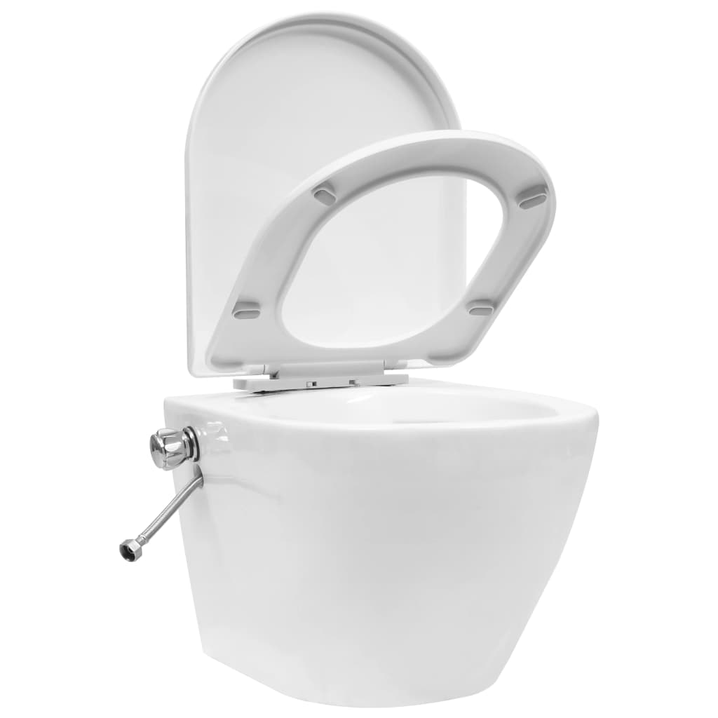 vidaXL Окачена тоалетна чиния без ръб с функция биде, керамична, бяла