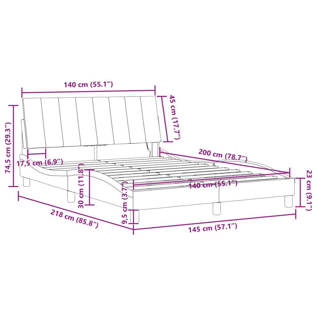 vidaXL Рамка за легло с LED осветление, тъмносива, 140x200 см, кадифе