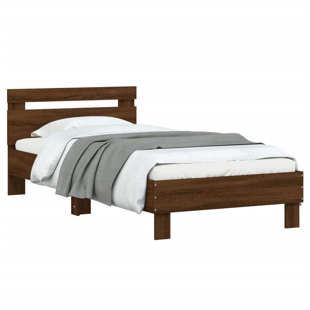 vidaXL Рамка за легло с табла, кафяв дъб, 90x200 см, инженерно дърво