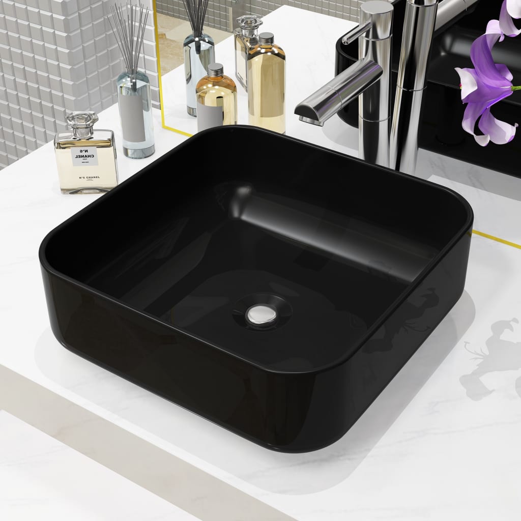 vidaXL Керамична мивка, квадратна, черна, 38x38х13,5 см