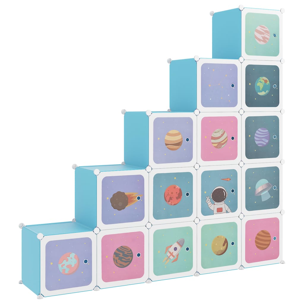 vidaXL Детски кубичен шкаф за съхранение с 15 куба, син, PP