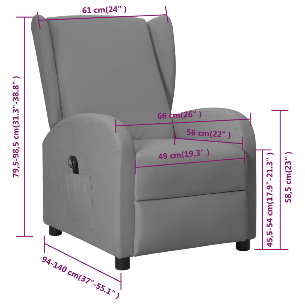 vidaXL Wingback електрически реклайнер стол, сив, изкуствена кожа