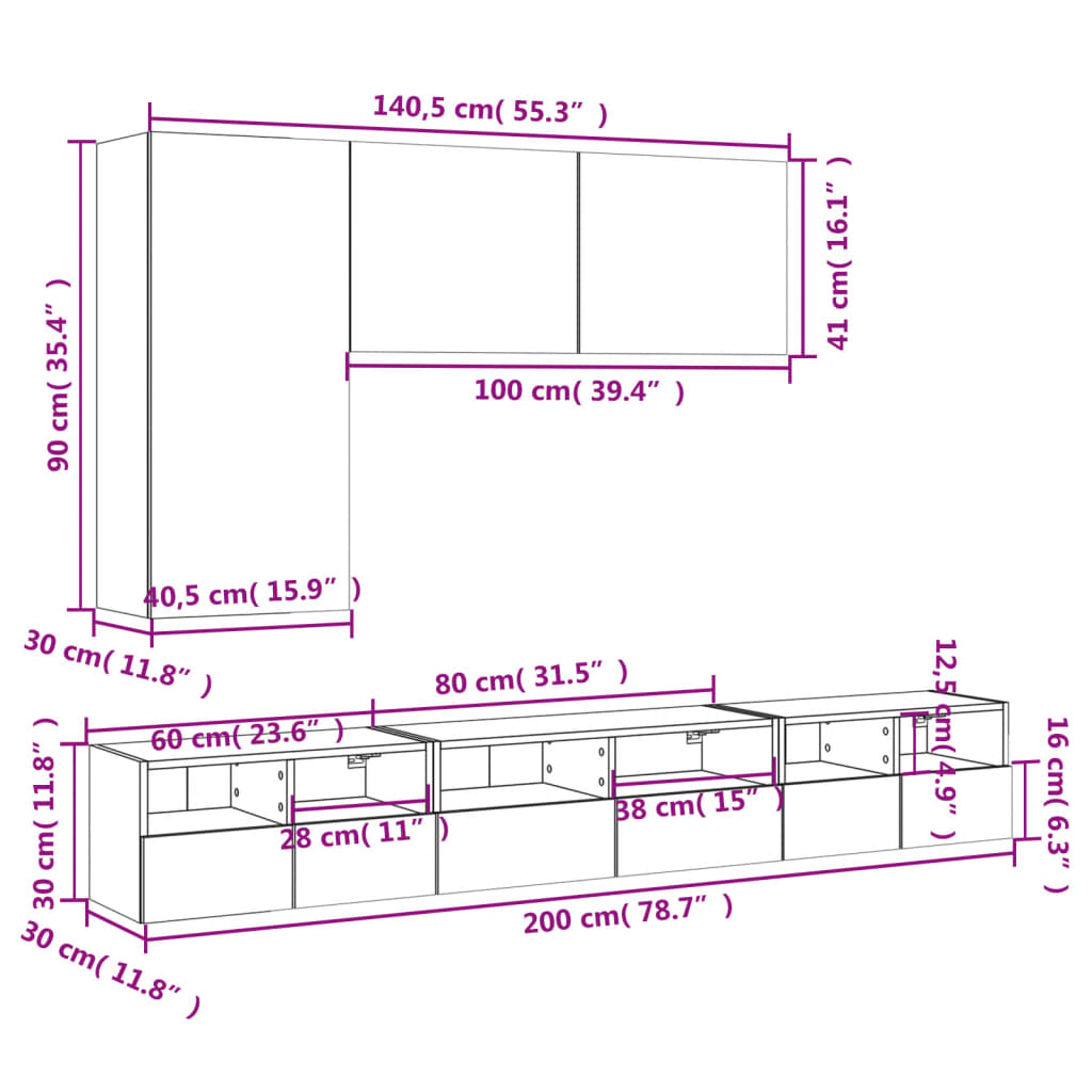 vidaXL ТВ стенни шкафове, 5 части, сонома дъб, инженерно дърво