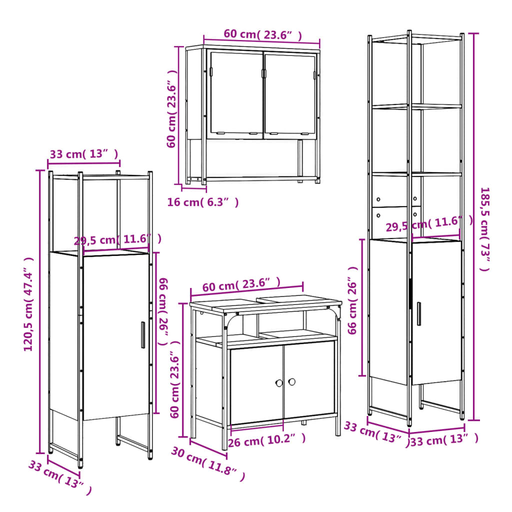 vidaXL Комплект шкафове за баня от 4 части дъб сонома инженерно дърво