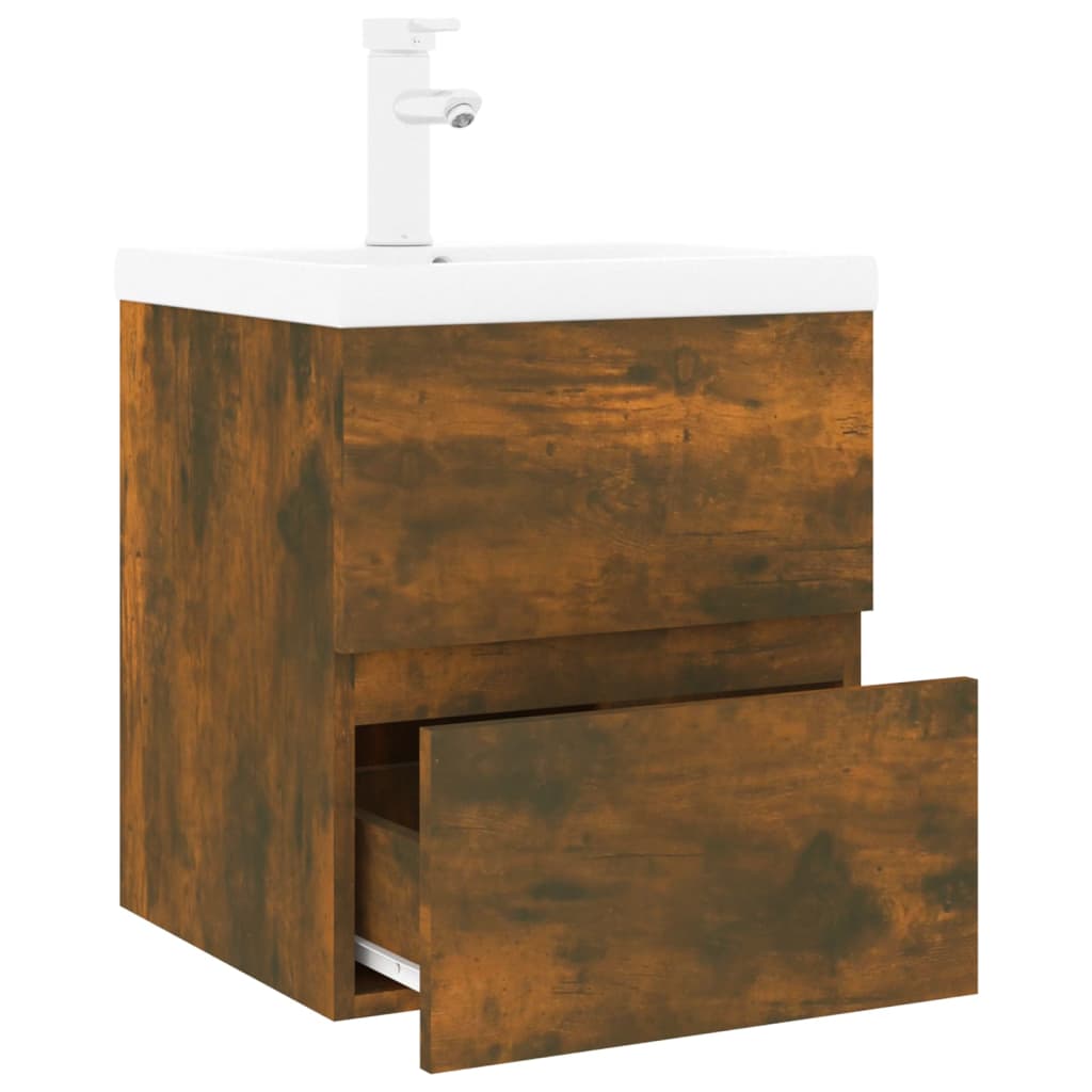 vidaXL Шкаф за мивка с вградена мивка, опушен дъб, инженерно дърво