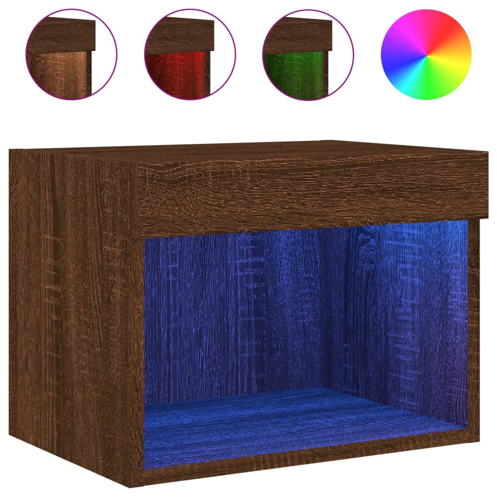 vidaXL Нощно шкафче с LED осветление, кафяв дъб, за стенен монтаж