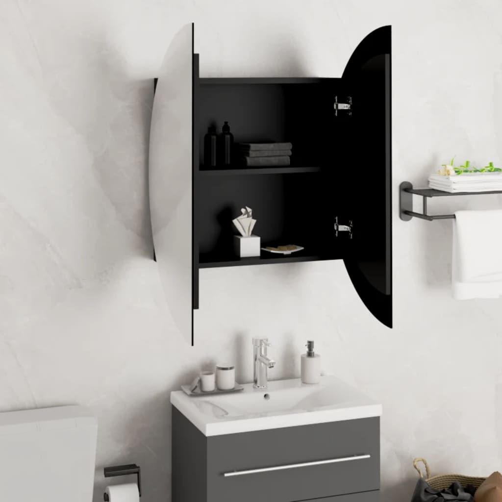 vidaXL Шкаф за баня с кръгло огледало и LED, черен, 54x54x17,5 см