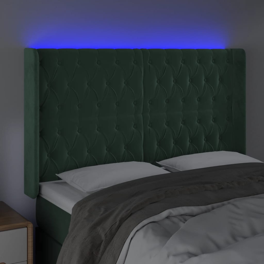 vidaXL LED горна табла за легло, тъмнозелена, 163x16x118/128см, кадифе