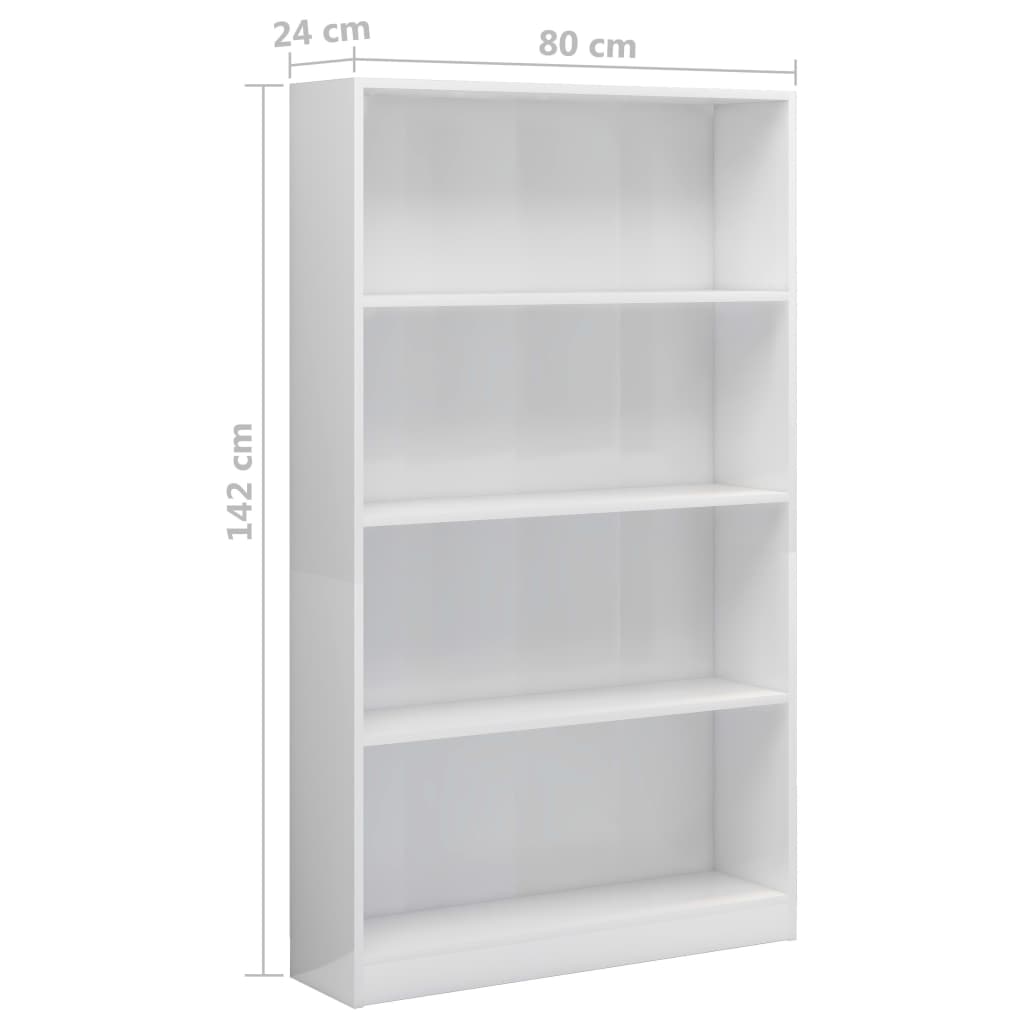 vidaXL 4-етажна библиотека, бял гланц, 80x24x142 см, ПДЧ