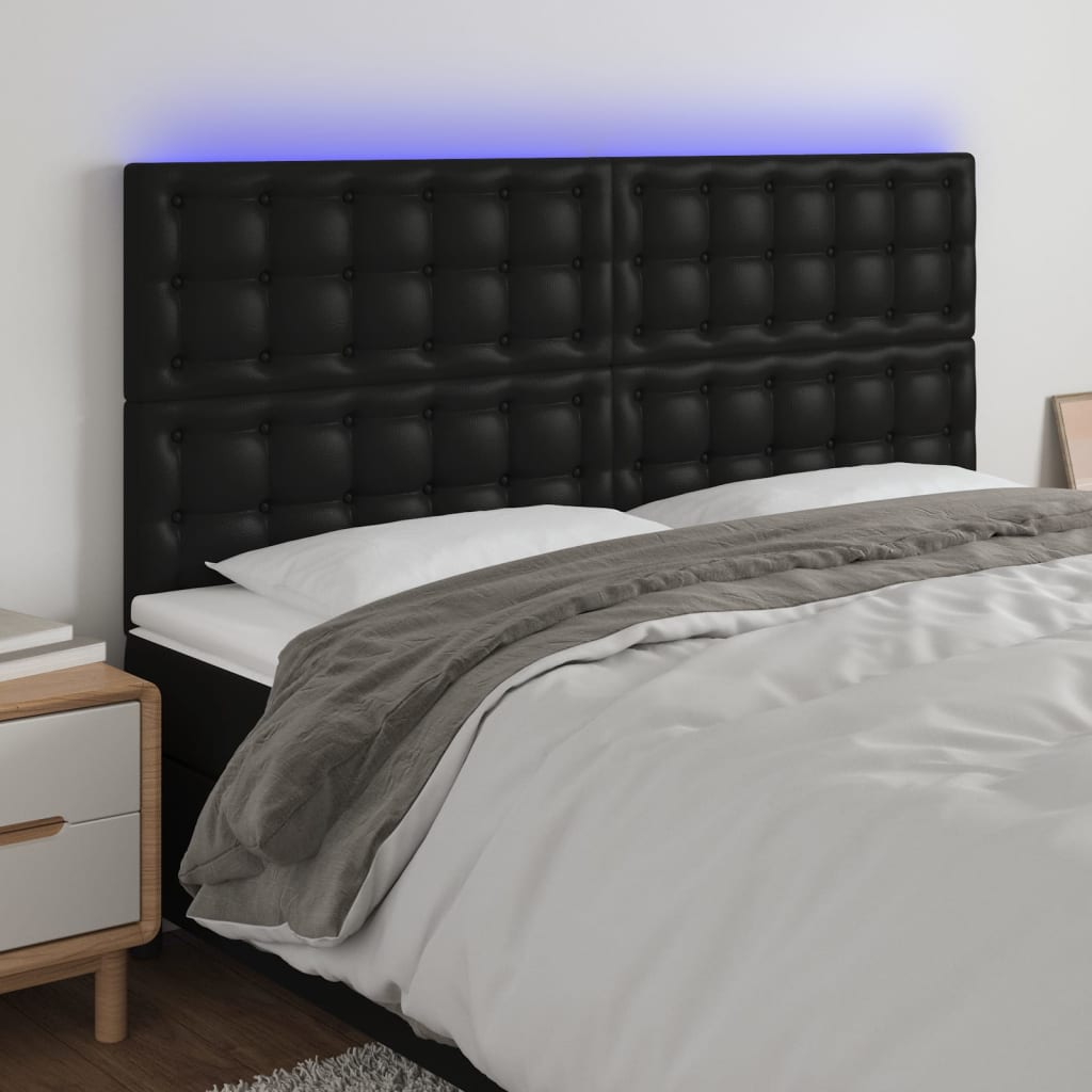 vidaXL LED горна табла за легло,черна,200x5x118/128см, изкуствена кожа